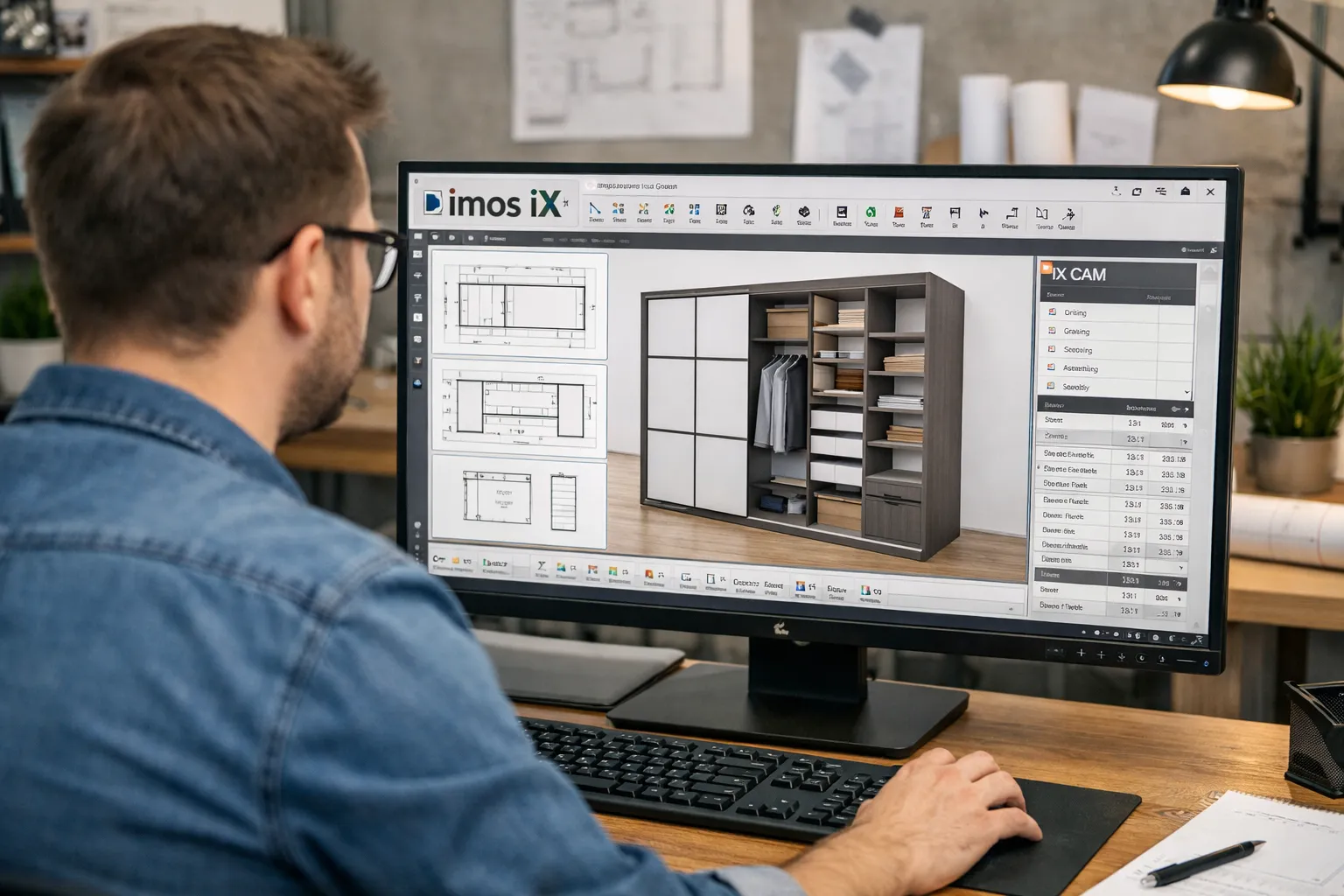 A designer working at a monitor showing a wardrobe modelled in 3D alongside its cutting list and technical elevations