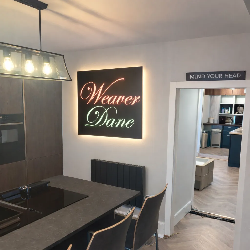The showroom's dark island unit and quartz worktop, lit by a backlit Weaver Dane sign, with a second display kitchen through the doorway beyond