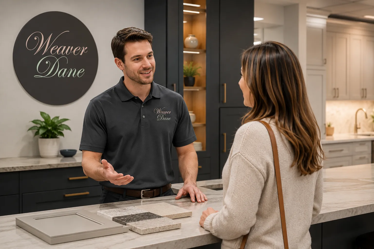 A Weaver Dane team member talking a customer through worktop and door samples laid out on a showroom island